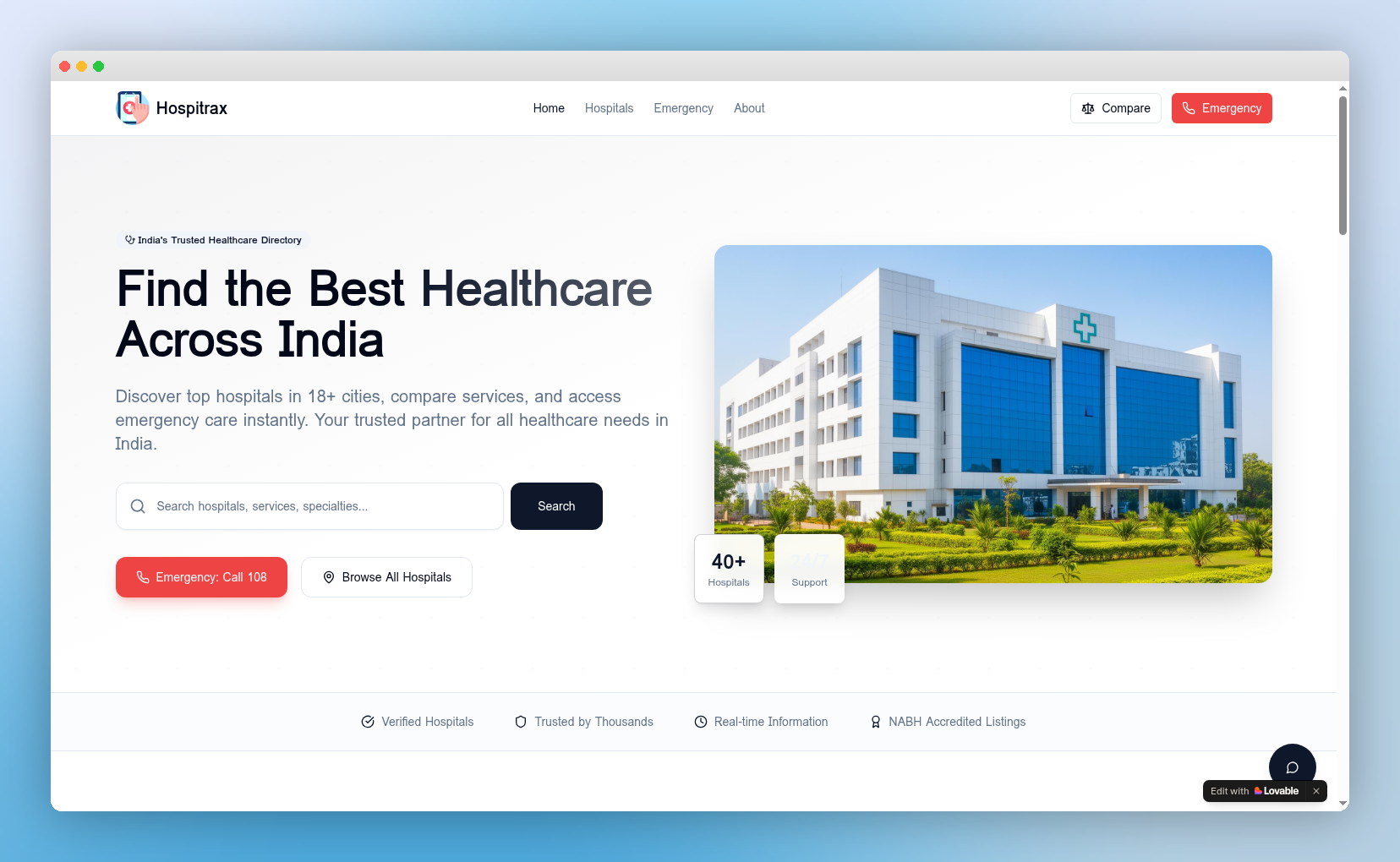 Hospitrax HMS - Live production screenshot showing the healthcare directory and hospital management interface built with Lovable