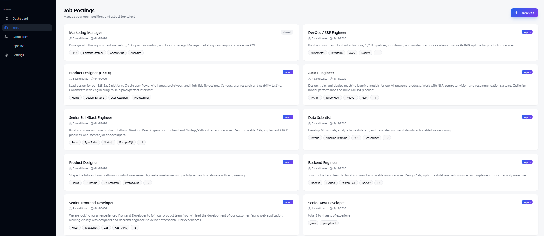 Job Postings management — create and track open positions with skill tags