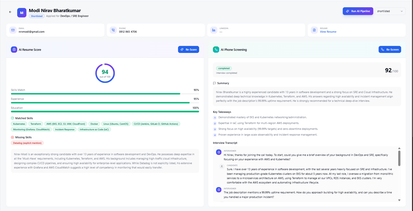 AI Candidate Screening — resume scoring, skill matching, and phone screening summary